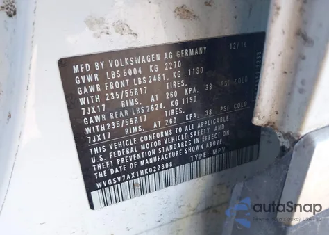 2017 Volkswagen Tiguan 2.0T Wolfsburg Edition из США, поврежденный, VIN WVGSV7AX1HK022308